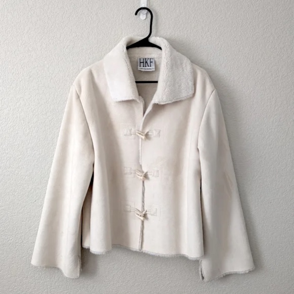 HKF Ivory White Fur Lined Suede Shearling Coat Bone Toggle Jacket Women's Size L